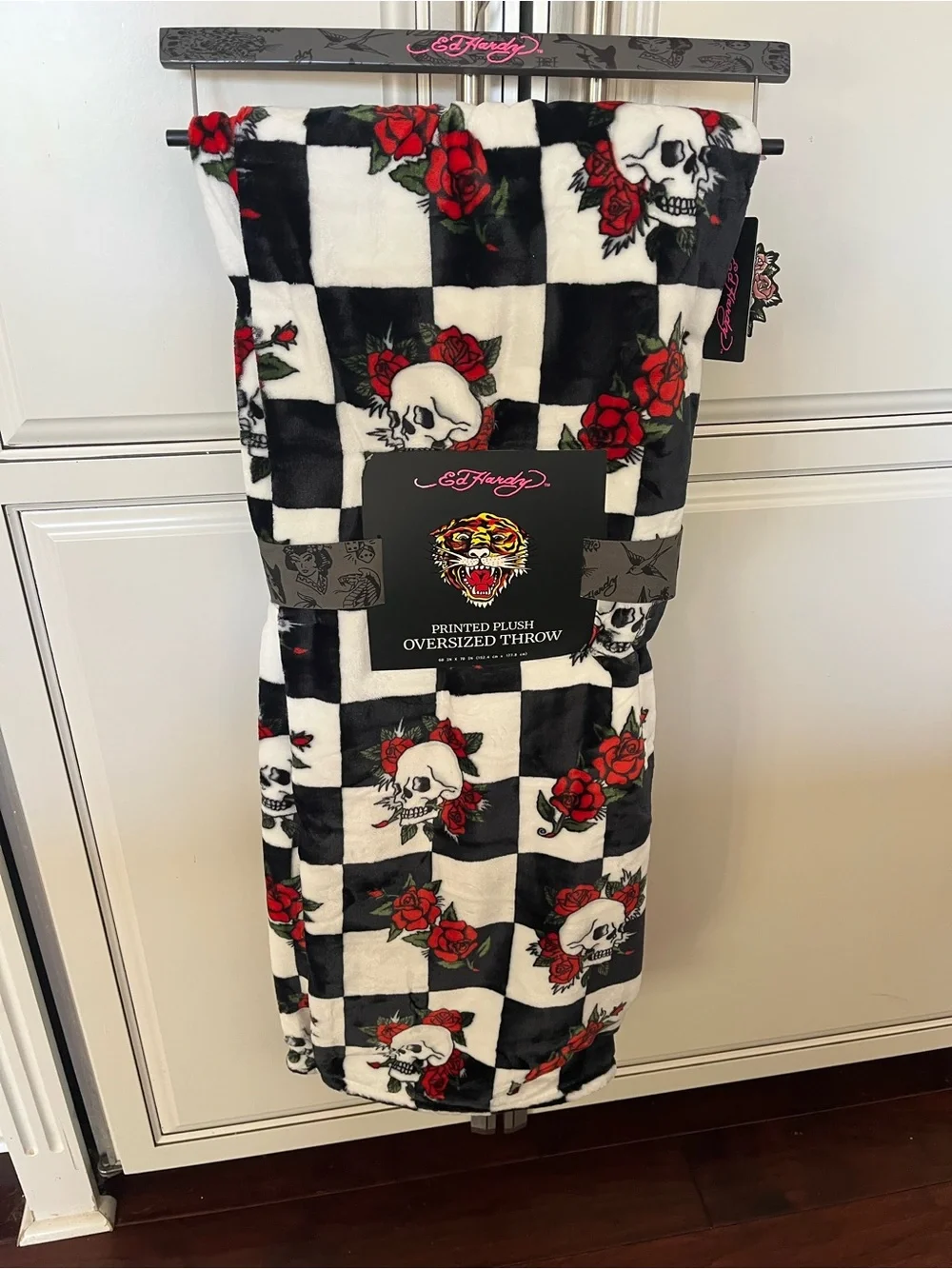 Ed Hardy Checkerboard Skull & Rose Plush Throw Blanket